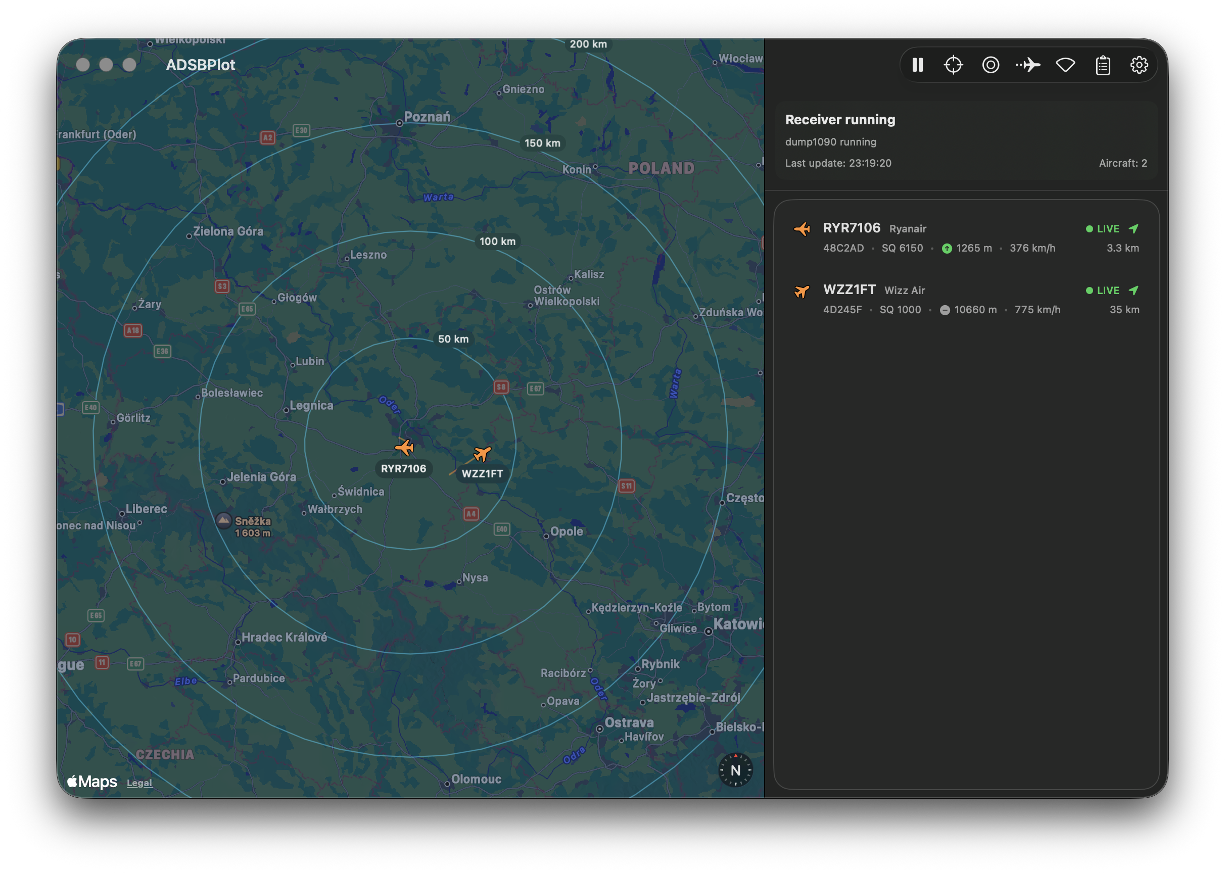 Main map view in dark theme